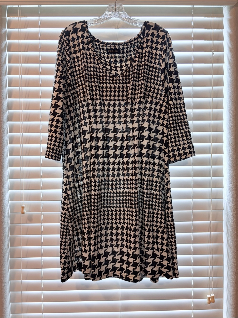 Reborn Black & White Houndstooth A-Line Long Sleeve Dress